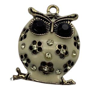 Owl Pendant Necklace Antique Brass Tone W/ Rhinestones  Jewelry Making Crafting